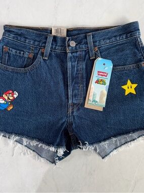 Levi's Dark Blue Denim Cutoff Shorts with Super Mario Print